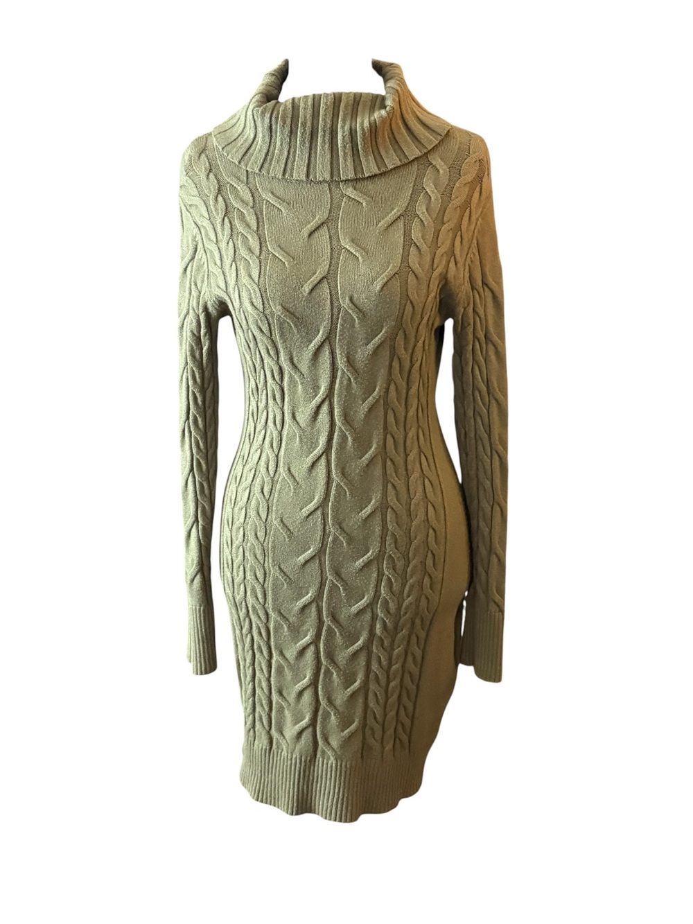 Women’s Army Green Cable Knit Turtleneck Sweater Dress Size Small Long Sleeve